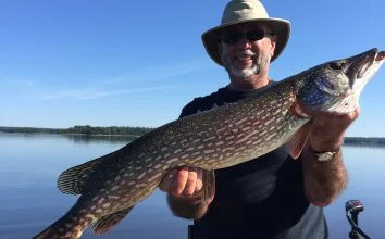 Smiling Guest Holding Up Huge Northern Pike Catch